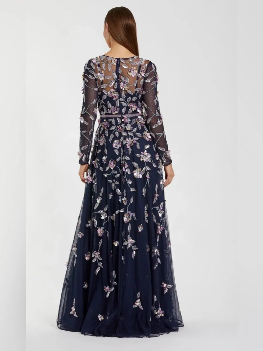 Mac Duggal Navy Embroidered Embellished Long-Sleeve Evening Gown